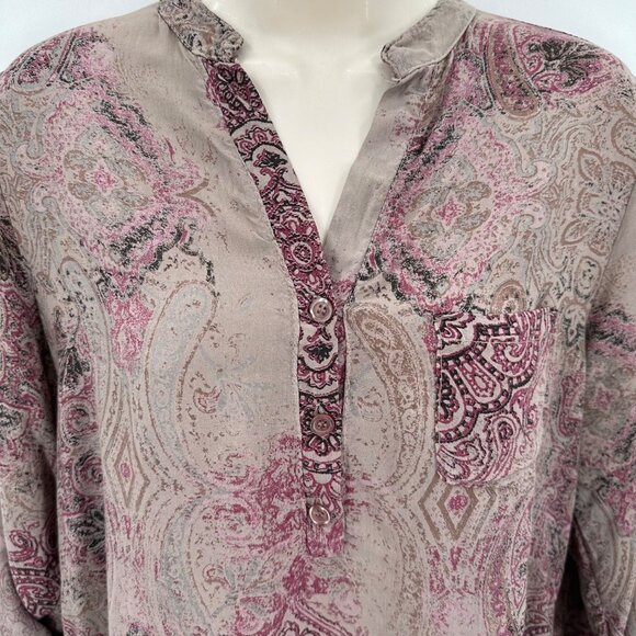Boho Gray Purple Paisley Print Top Roll-Tab Sleeves Women’s L - Picture 3 of 8